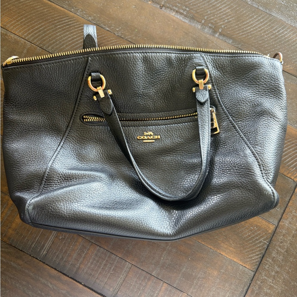 Coach Black Leather Tote with Gold Accents